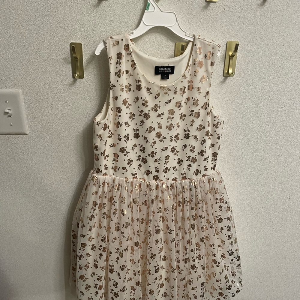 Beautees Girls Fit Flare Tulle Dress Sleeveless, White With Gold Flowers Size 14